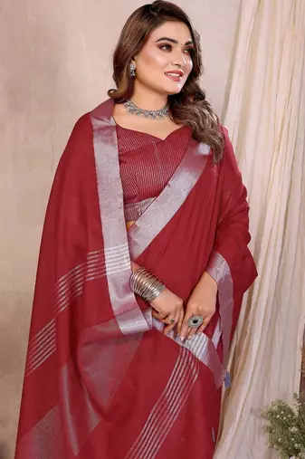 Red color linen cotton silver zari border saree with un-stitched blouse