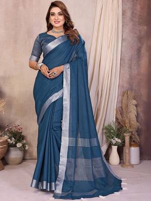 Teal blue color linen cotton silver zari border saree with un-stitched blouse 1