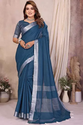 Teal blue color linen cotton silver zari border saree with un-stitched blouse