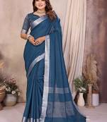 Teal blue color linen cotton silver zari border saree with un-stitched blouse