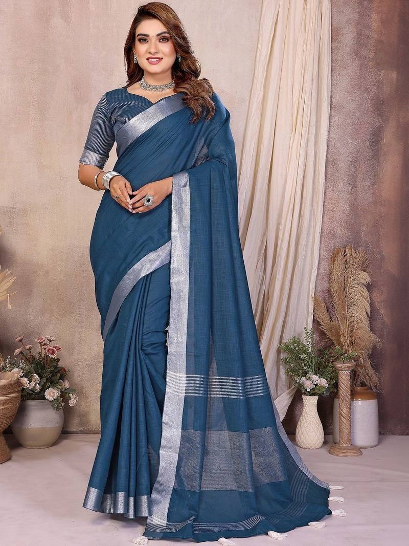 Teal blue color linen cotton silver zari border saree with un-stitched blouse