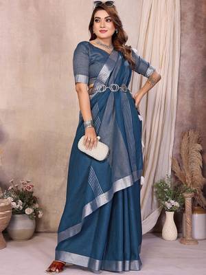 Teal blue color linen cotton silver zari border saree with un-stitched blouse 2