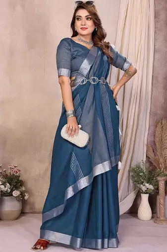 Teal blue color linen cotton silver zari border saree with un-stitched blouse