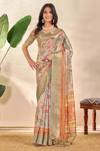 Grey printed art silk designer pallu saree