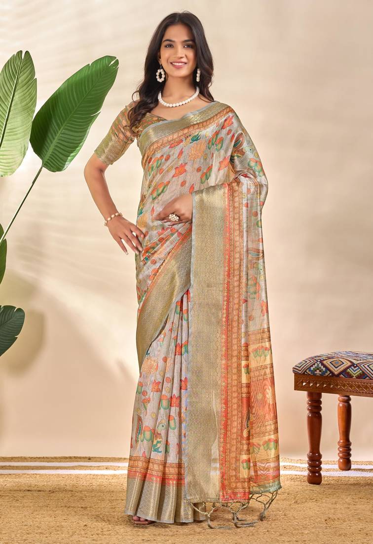 Grey printed art silk designer pallu saree