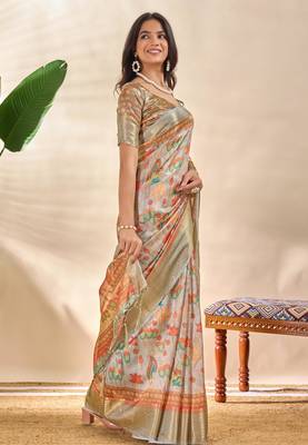 Grey printed art silk designer pallu saree 2
