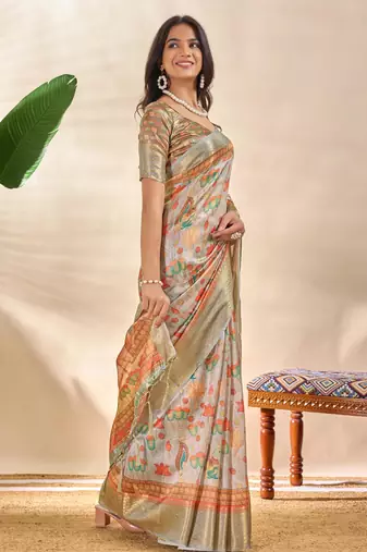 Grey printed art silk designer pallu saree