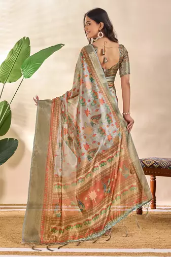 Grey printed art silk designer pallu saree