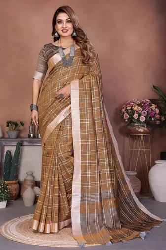 Beige color linen cotton silver zari border & weaving saree with un-stitched blouse