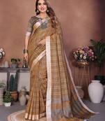 Beige color linen cotton silver zari border & weaving saree with un-stitched blouse