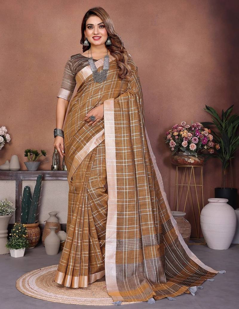 Beige color linen cotton silver zari border & weaving saree with un-stitched blouse