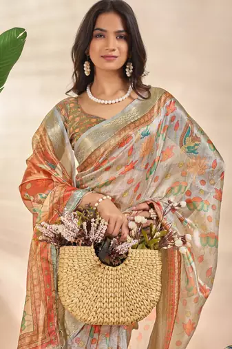 Grey printed art silk designer pallu saree