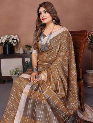 Beige color linen cotton silver zari border & weaving saree with un-stitched blouse 2