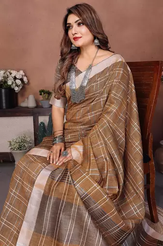 Beige color linen cotton silver zari border & weaving saree with un-stitched blouse