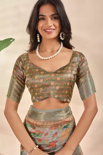 Grey printed art silk designer pallu saree