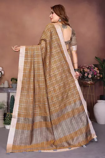 Beige color linen cotton silver zari border & weaving saree with un-stitched blouse