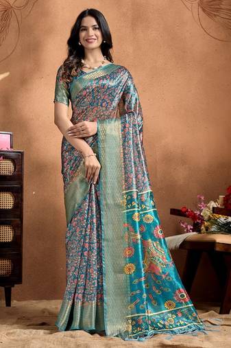 Teal printed art silk designer pallu saree