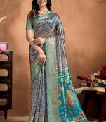 Teal printed art silk designer pallu saree