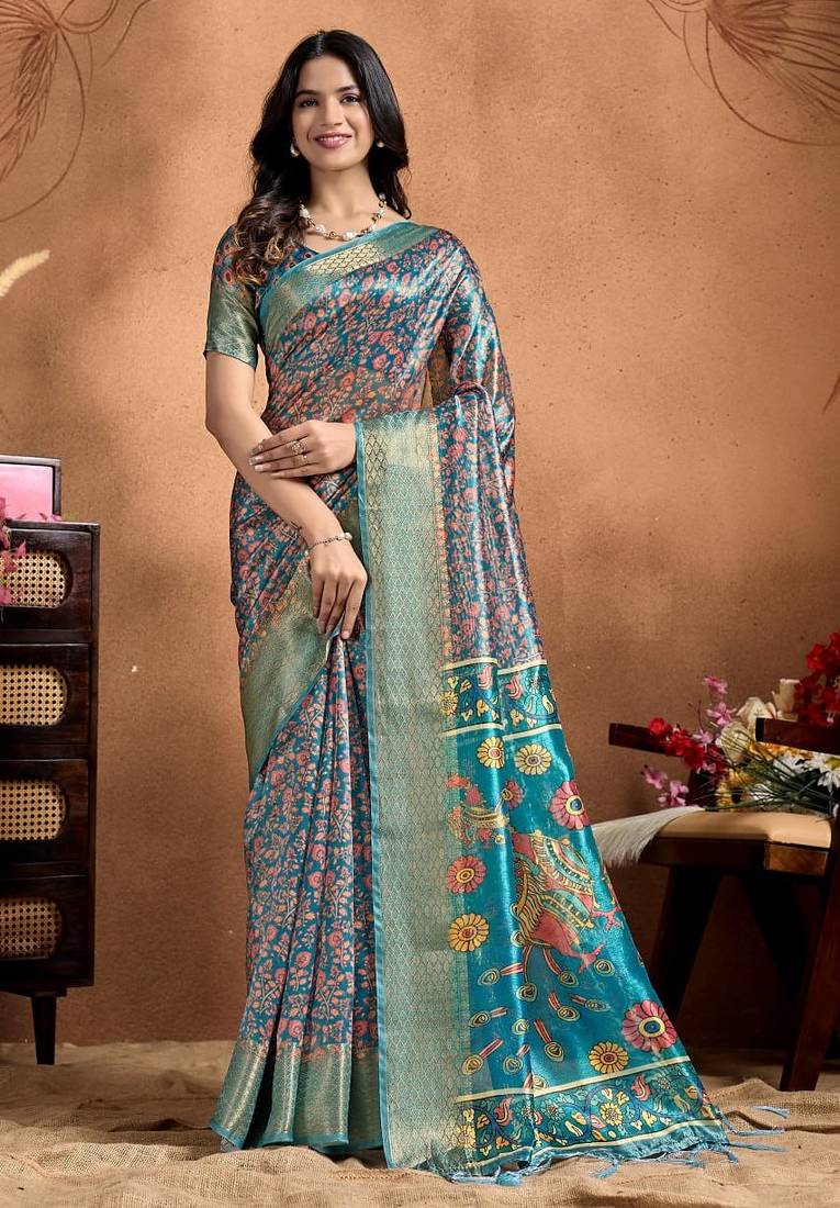 Teal printed art silk designer pallu saree