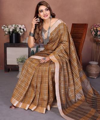 Beige color linen cotton silver zari border & weaving saree with un-stitched blouse 4