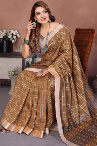 Beige color linen cotton silver zari border & weaving saree with un-stitched blouse