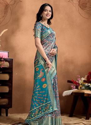 Teal printed art silk designer pallu saree 2