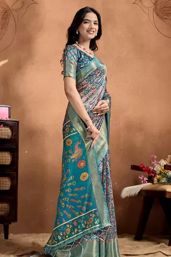 Teal printed art silk designer pallu saree