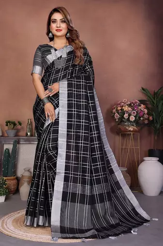 Black color linen cotton silver zari border & weaving saree with un-stitched blouse