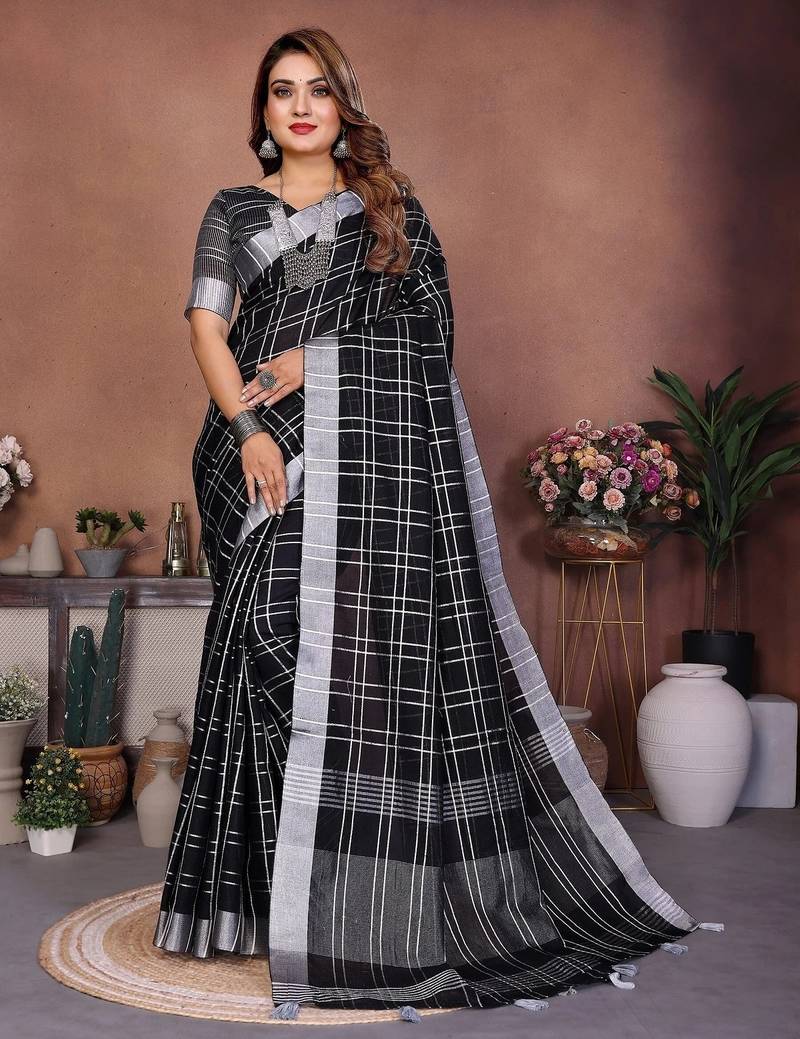 Black color linen cotton silver zari border & weaving saree with un-stitched blouse