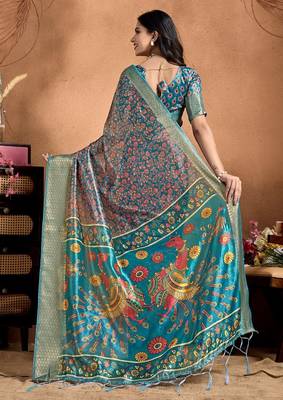 Teal printed art silk designer pallu saree 3