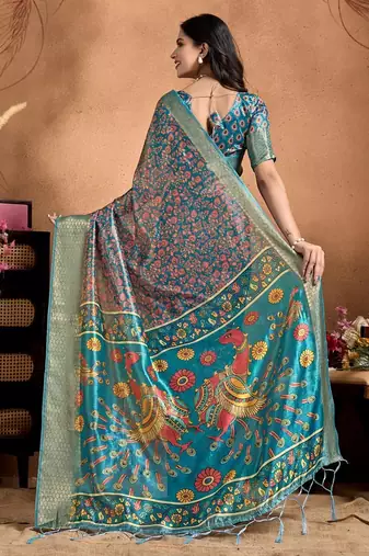 Teal printed art silk designer pallu saree