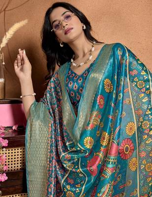 Teal printed art silk designer pallu saree 4