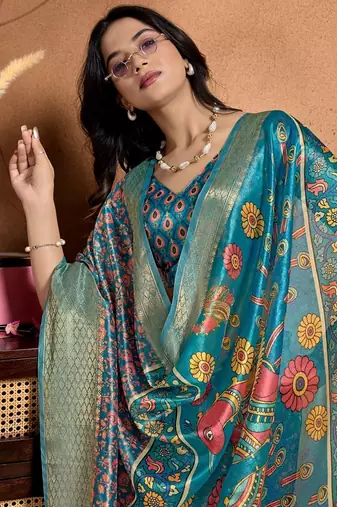 Teal printed art silk designer pallu saree