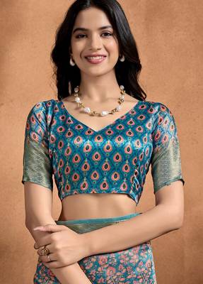 Teal printed art silk designer pallu saree 5