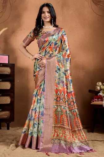 Multicolor printed art silk designer pallu saree