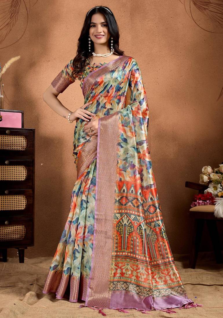 Multicolor printed art silk designer pallu saree
