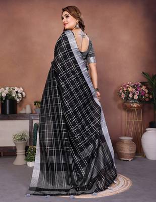 Black color linen cotton silver zari border & weaving saree with un-stitched blouse 3