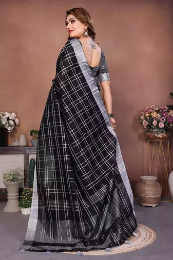 Black color linen cotton silver zari border & weaving saree with un-stitched blouse