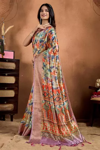 Multicolor printed art silk designer pallu saree