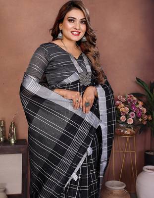 Black color linen cotton silver zari border & weaving saree with un-stitched blouse 4