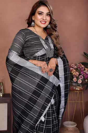 Black color linen cotton silver zari border & weaving saree with un-stitched blouse