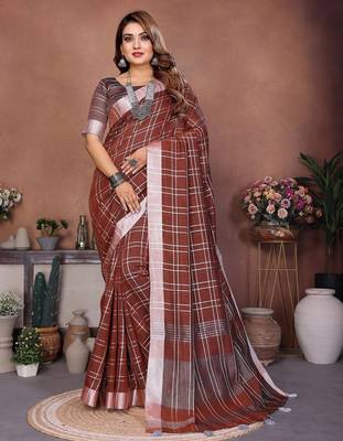 Brown color linen cotton silver zari border & weaving saree with un-stitched blouse 1
