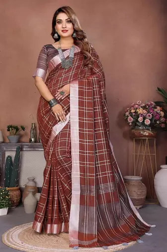 Brown color linen cotton silver zari border & weaving saree with un-stitched blouse