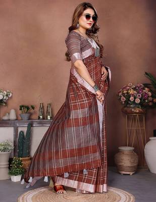 Brown color linen cotton silver zari border & weaving saree with un-stitched blouse 2