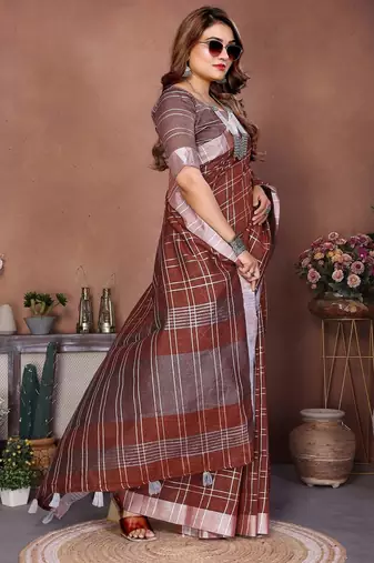 Brown color linen cotton silver zari border & weaving saree with un-stitched blouse