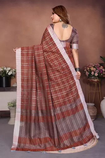 Brown color linen cotton silver zari border & weaving saree with un-stitched blouse