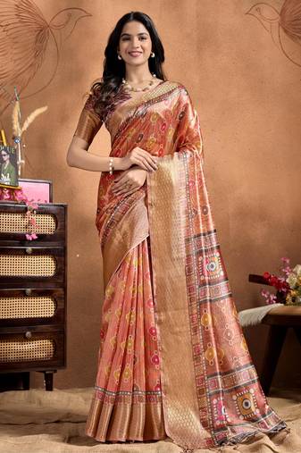 Peach printed art silk designer pallu saree