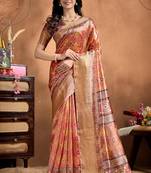Peach printed art silk designer pallu saree