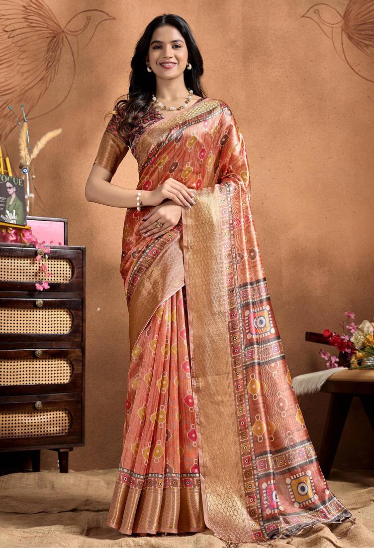 Peach printed art silk designer pallu saree