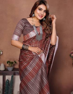 Brown color linen cotton silver zari border & weaving saree with un-stitched blouse 4